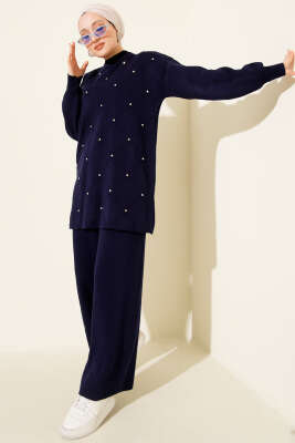 Kabartma Şeritli Taşlı Triko İkili Takım Lacivert - KILIÇ TRİKO