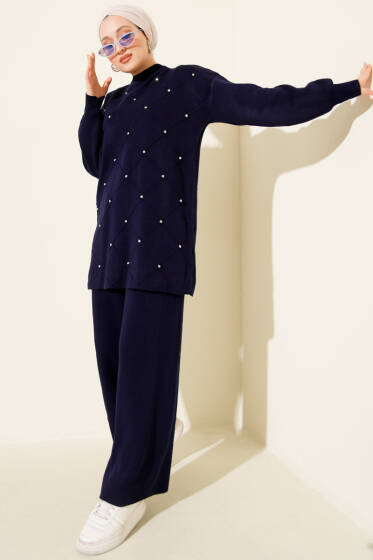 Kabartma Şeritli Taşlı Triko İkili Takım Lacivert - İkili Takım