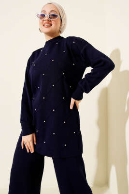 Kabartma Şeritli Taşlı Triko İkili Takım Lacivert - İkili Takım