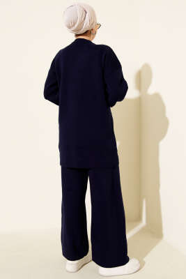 Kabartma Şeritli Taşlı Triko İkili Takım Lacivert - İkili Takım