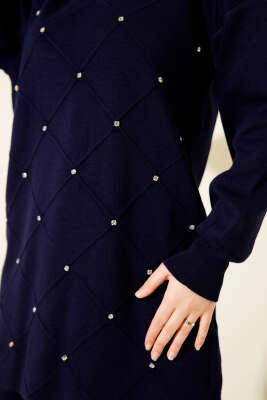 Kabartma Şeritli Taşlı Triko İkili Takım Lacivert - İkili Takım