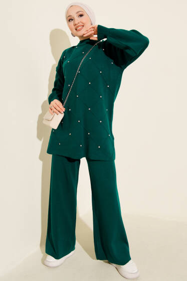 Kabartma Şeritli Taşlı Triko İkili Takım Nefti - İkili Takım