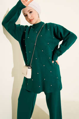 Kabartma Şeritli Taşlı Triko İkili Takım Nefti - İkili Takım