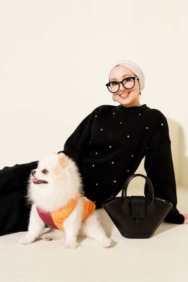 Kabartma Şeritli Taşlı Triko İkili Takım Siyah - İkili Takım