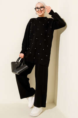 Kabartma Şeritli Taşlı Triko İkili Takım Siyah - İkili Takım