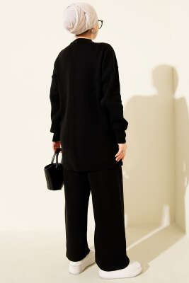 Kabartma Şeritli Taşlı Triko İkili Takım Siyah - İkili Takım