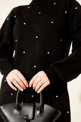 Kabartma Şeritli Taşlı Triko İkili Takım Siyah - İkili Takım