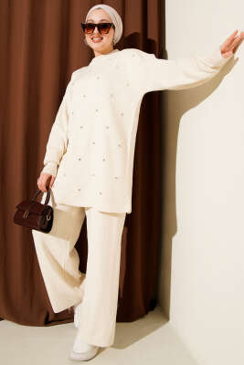 Kabartma Şeritli Taşlı Triko İkili Takım Taş - İkili Takım