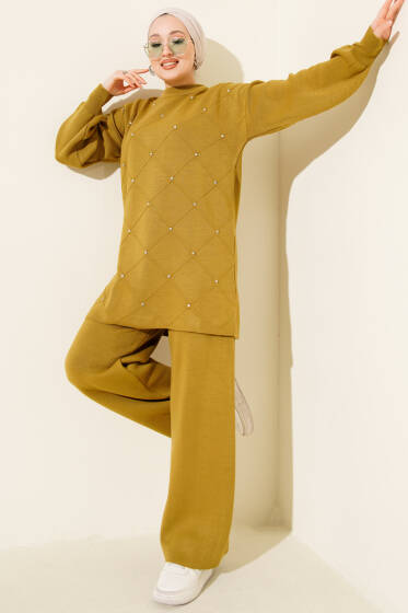 Kabartma Şeritli Taşlı Triko İkili Takım Yağ Yeşili - İkili Takım