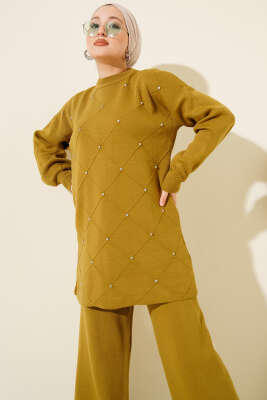 Kabartma Şeritli Taşlı Triko İkili Takım Yağ Yeşili - İkili Takım