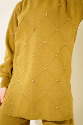 Kabartma Şeritli Taşlı Triko İkili Takım Yağ Yeşili - İkili Takım