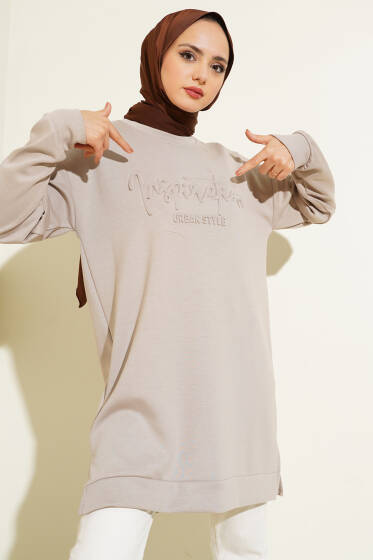 Kabartma Yazı Baskılı Tunik Bej - Tunik