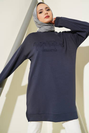 Kabartma Yazı Baskılı Tunik Füme - Tunik