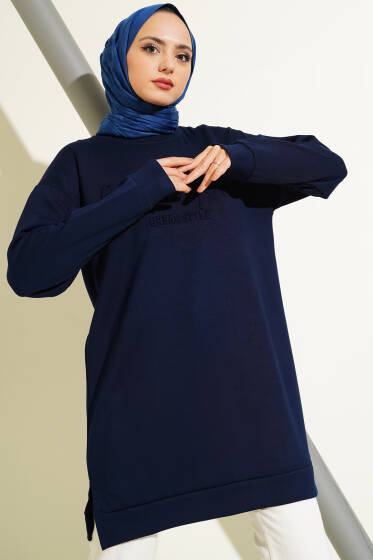 Kabartma Yazı Baskılı Tunik Lacivert - Tunik