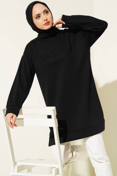 Kabartma Yazı Baskılı Tunik Siyah - Tunik