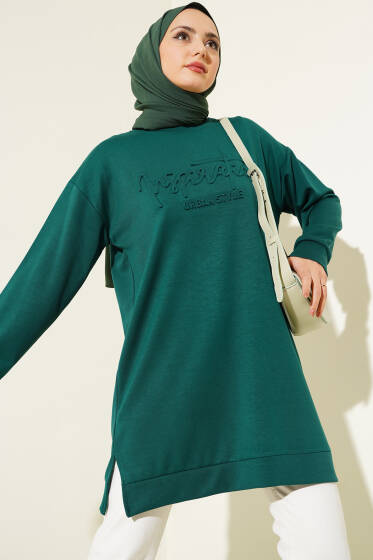 Kabartma Yazı Baskılı Tunik Zümrüt - Tunik