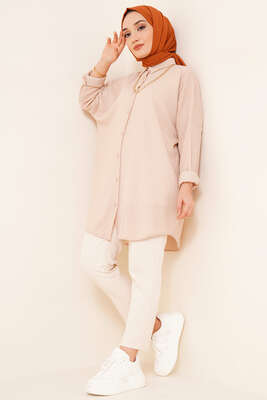 Kabartma Zikzak Desenli Gömlek Bej - Gömlek