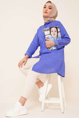 Kabartma Zikzak Desenli Gömlek İndigo 