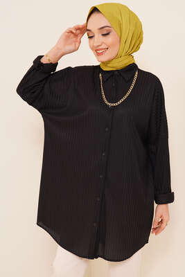 Kabartma Zikzak Desenli Gömlek Siyah 