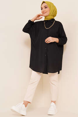 Kabartma Zikzak Desenli Gömlek Siyah - Gömlek