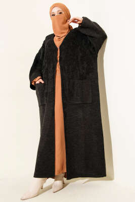 Kabartmalı Cepli Uzun Triko Hırka Antrasit 