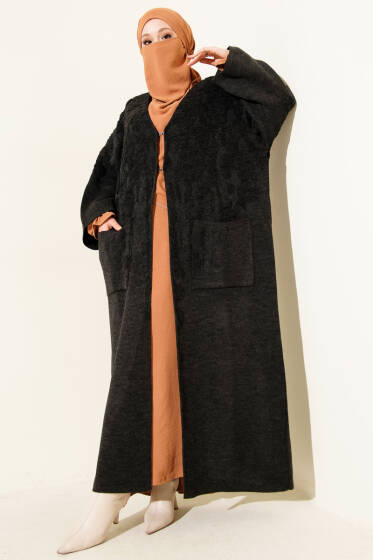 Kabartmalı Cepli Uzun Triko Hırka Antrasit - Hırka