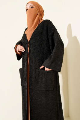 Kabartmalı Cepli Uzun Triko Hırka Antrasit - Hırka