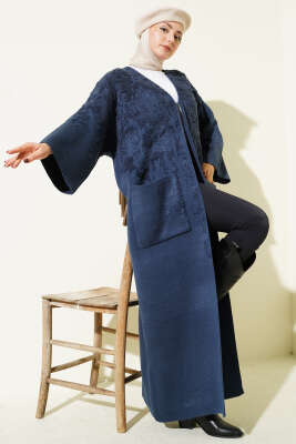 Kabartmalı Cepli Uzun Triko Hırka İndigo - ULUDAĞ TRİKO