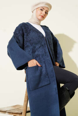 Kabartmalı Cepli Uzun Triko Hırka İndigo - Hırka