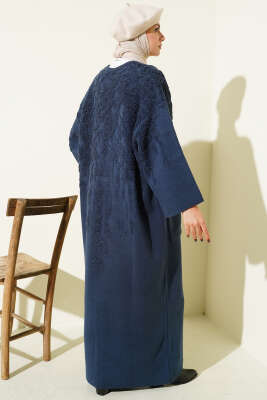 Kabartmalı Cepli Uzun Triko Hırka İndigo - Hırka