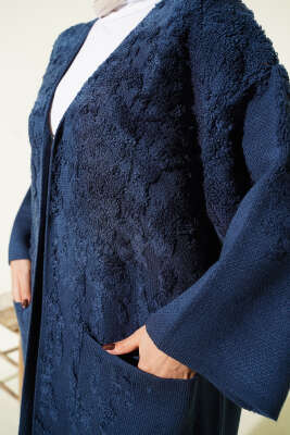 Kabartmalı Cepli Uzun Triko Hırka İndigo - Hırka