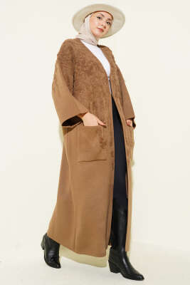 Kabartmalı Cepli Uzun Triko Hırka Latte - ULUDAĞ TRİKO