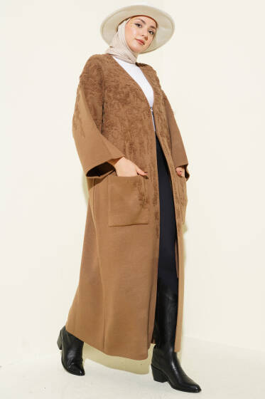 Kabartmalı Cepli Uzun Triko Hırka Latte - Hırka