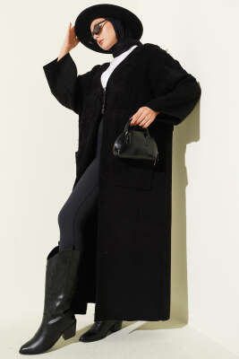 Kabartmalı Cepli Uzun Triko Hırka Siyah - ULUDAĞ TRİKO