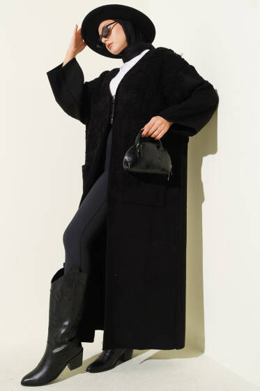 Kabartmalı Cepli Uzun Triko Hırka Siyah - Hırka