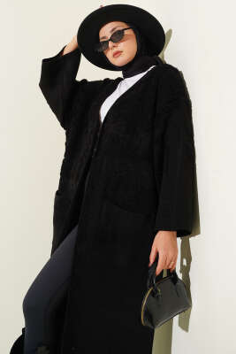 Kabartmalı Cepli Uzun Triko Hırka Siyah - Hırka