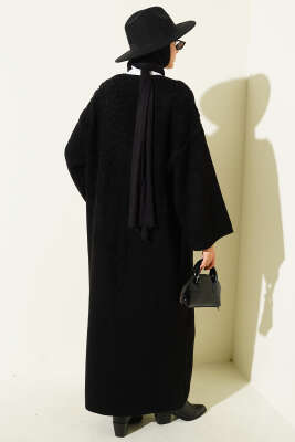 Kabartmalı Cepli Uzun Triko Hırka Siyah - Hırka