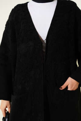 Kabartmalı Cepli Uzun Triko Hırka Siyah - Hırka