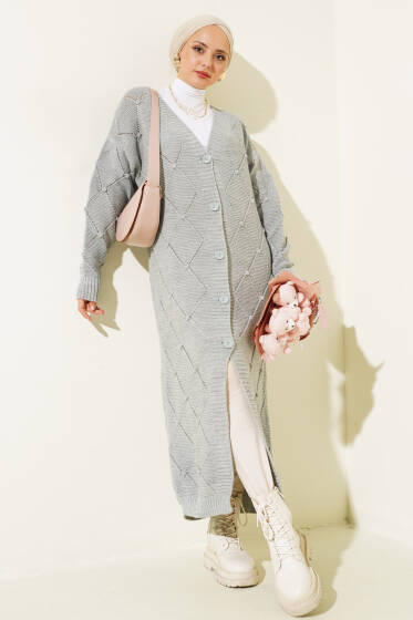 Kabartmalı Düğmeli Uzun Triko Hırka Gri - Hırka