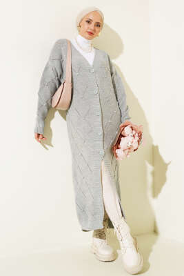 Kabartmalı Düğmeli Uzun Triko Hırka Gri 