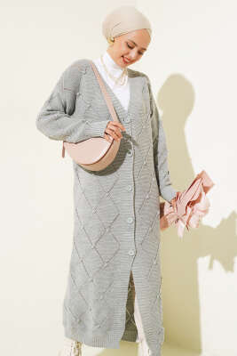 Kabartmalı Düğmeli Uzun Triko Hırka Gri - Triko Hırka