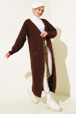 Kabartmalı Düğmeli Uzun Triko Hırka Kahve 