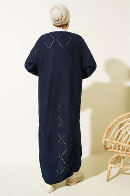 Kabartmalı Düğmeli Uzun Triko Hırka Lacivert - Triko Hırka