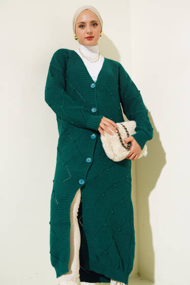 Kabartmalı Düğmeli Uzun Triko Hırka Nefti - Hırka