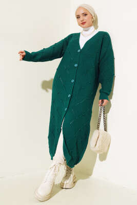 Kabartmalı Düğmeli Uzun Triko Hırka Nefti - Triko Hırka