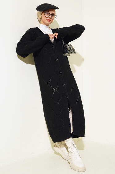 Kabartmalı Düğmeli Uzun Triko Hırka Siyah - Hırka