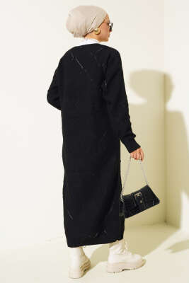 Kabartmalı Düğmeli Uzun Triko Hırka Siyah - Triko Hırka