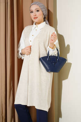 Kabartmalı Uzun Triko Yelek Bej - VANİZA TRİKO