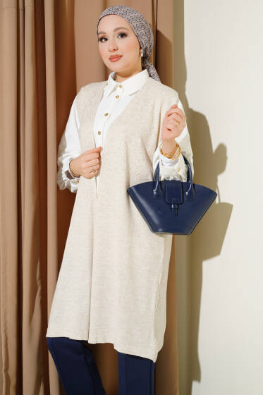 Kabartmalı Uzun Triko Yelek Bej - Yelek