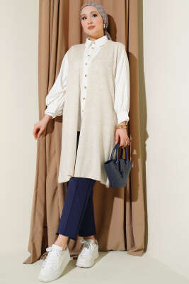 Kabartmalı Uzun Triko Yelek Bej - Yelek